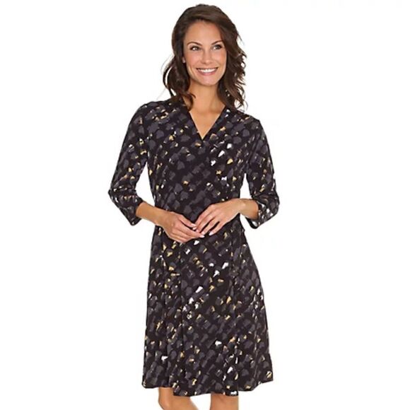 H by Halston Wrap Front Slinky Jersey Dress Brush Stroke Pattern 3/4 Sleeve - Picture 1 of 13